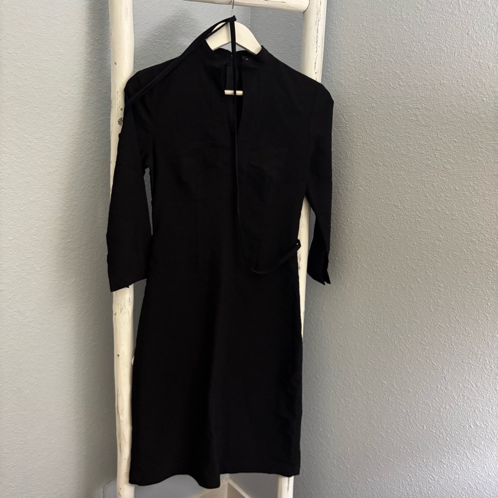 Vintage Y2K Le Chateau Black Slit Neck Belted Mini Dress Size S